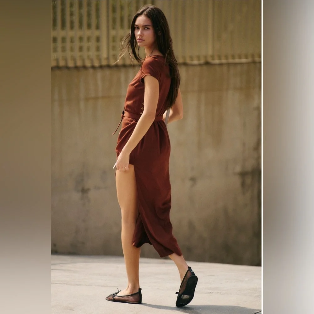 Free People Free-est Trop Belle Midi Dress Honey Bronze Belted Small $98MSRP NWT - Picture 2 of 7